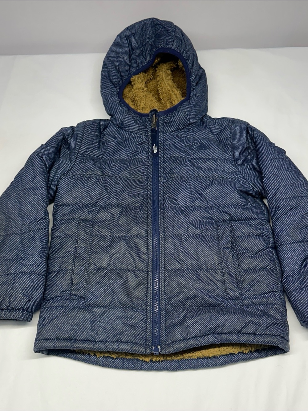 The North Face Kids Blue Hooded Puffer with Tan Sherpa Lining
